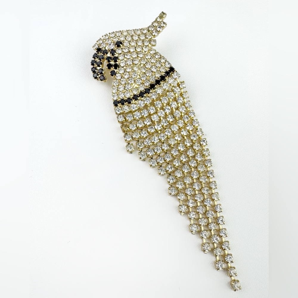 1950s - 1960s Vintage Brooch Fringe Rhinestones Cockatoo Parrot 50s 60s